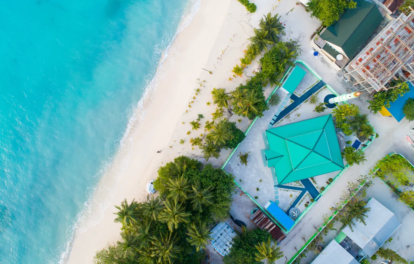 Photo wallpaper beach, people, houses, white sand, drone