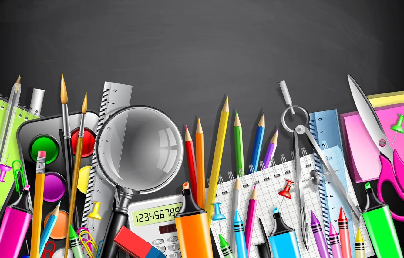 Photo wallpaper paper, paint, vector, pencils, handle, magnifier, scissors, line