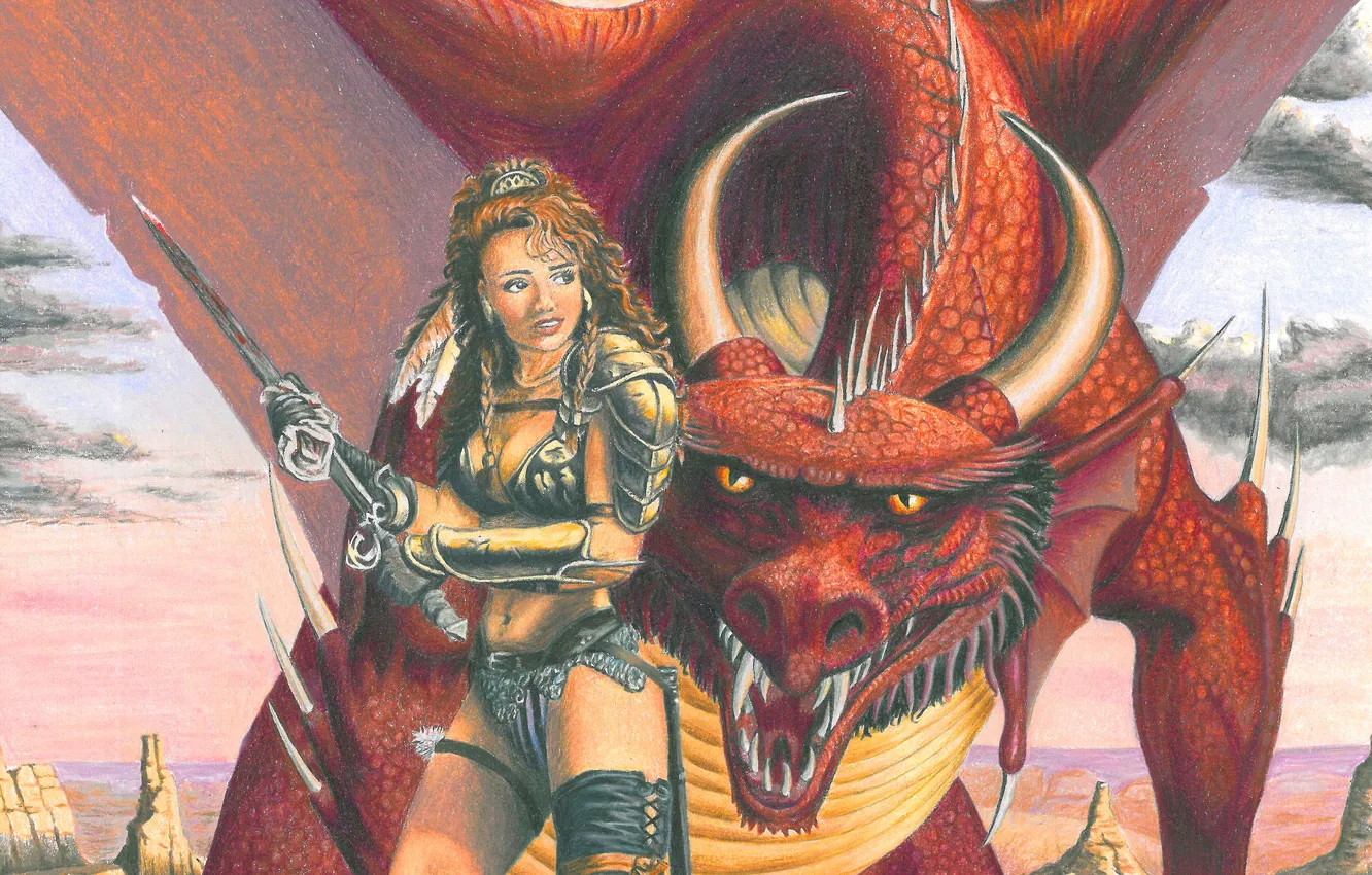 Photo wallpaper Girl, Dragon, Warrior, Art, Larry Elmore, Larry Elmore
