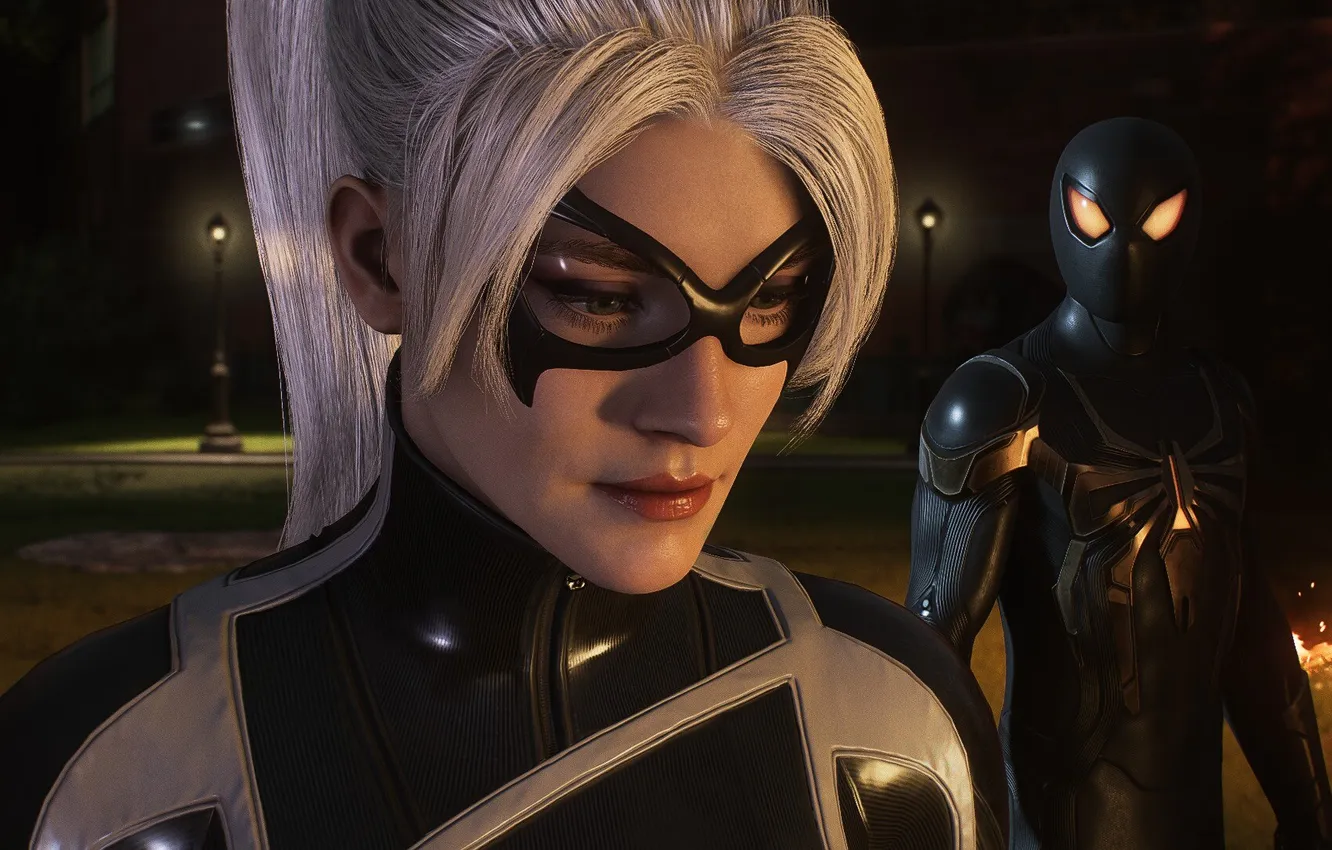 Photo wallpaper mask, suit, black cat, Miles Morales, Marvel Spider Man 2