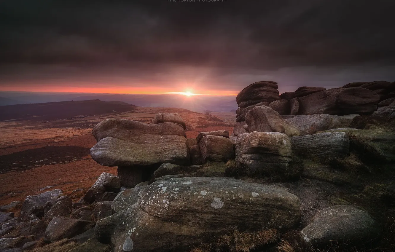 Photo wallpaper landscape, sunset, stones, valley