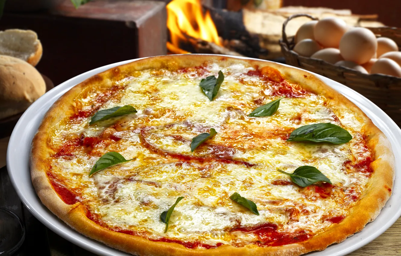 Photo wallpaper leaves, lights, background, eggs, blur, cheese, fire, pizza