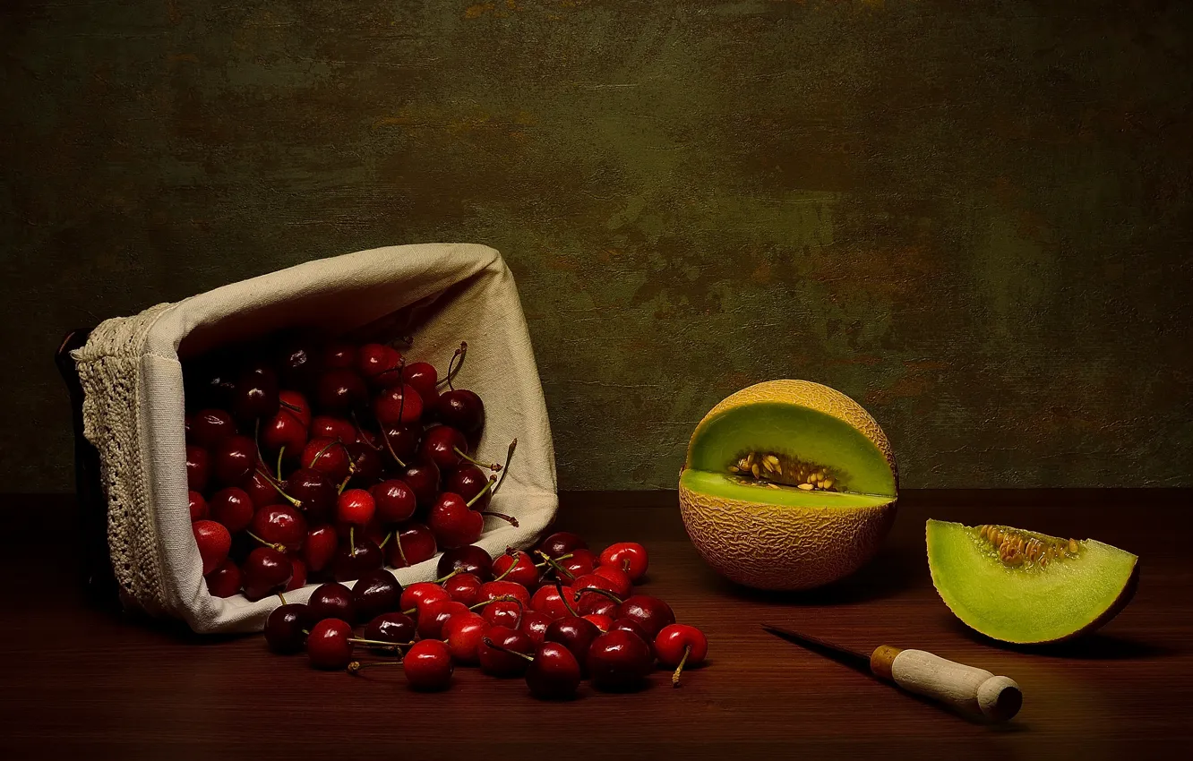 Photo wallpaper the dark background, table, box, melon, box, cherry, berries, still life