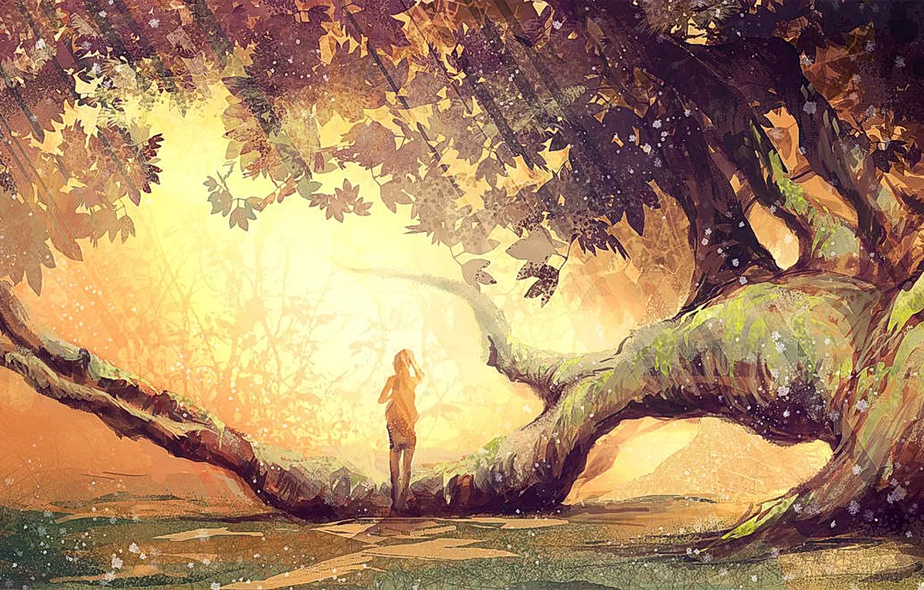 Photo wallpaper girl, art, tree