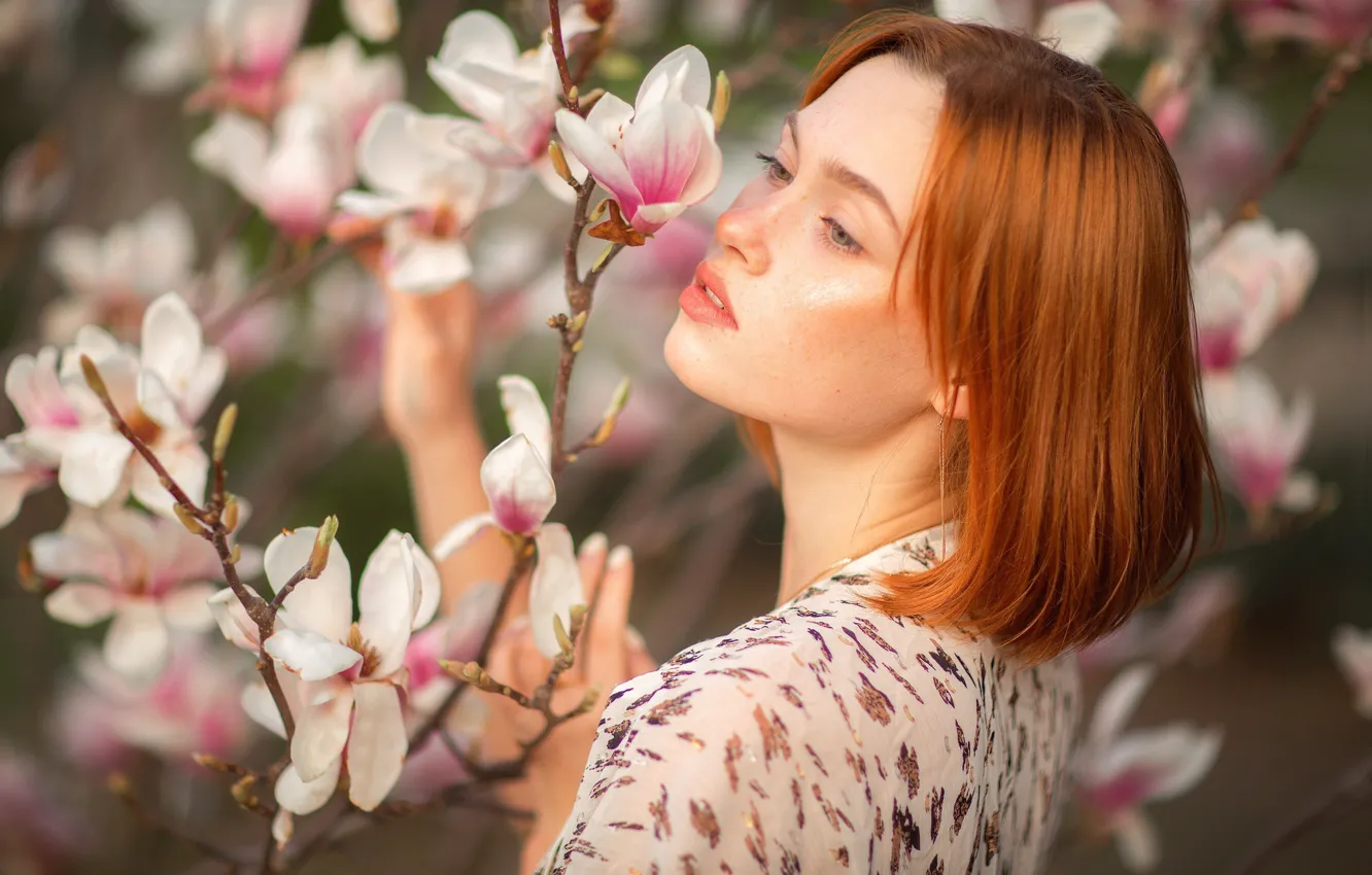 Photo wallpaper girl, branches, face, pose, red, redhead, flowers, Magnolia