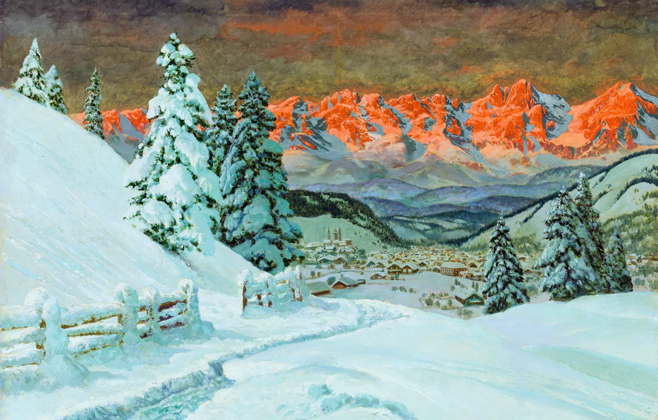 Photo wallpaper Home, Mountains, Snow, Picture, Alois Arnegger, Ate, Alois Arnegger, Austrian painter