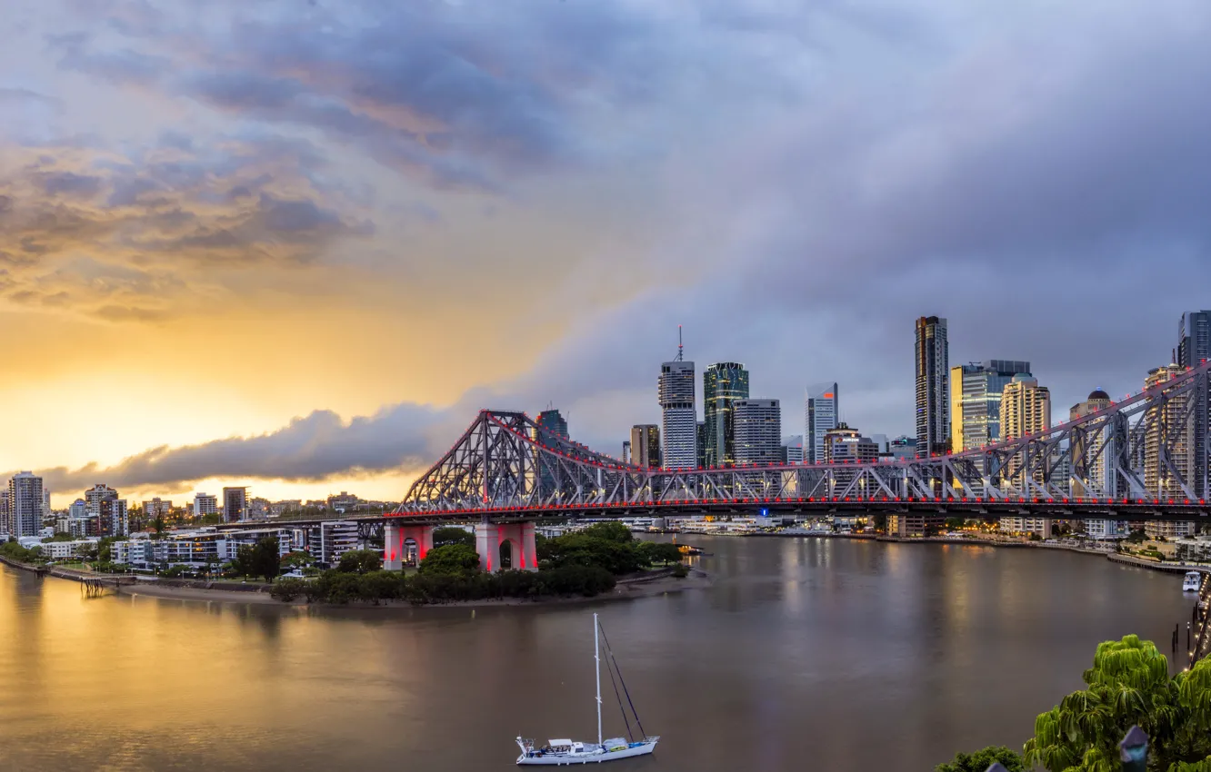 Photo wallpaper bridge, river, dawn, home, yacht, Australia, Chinatown, Queensland