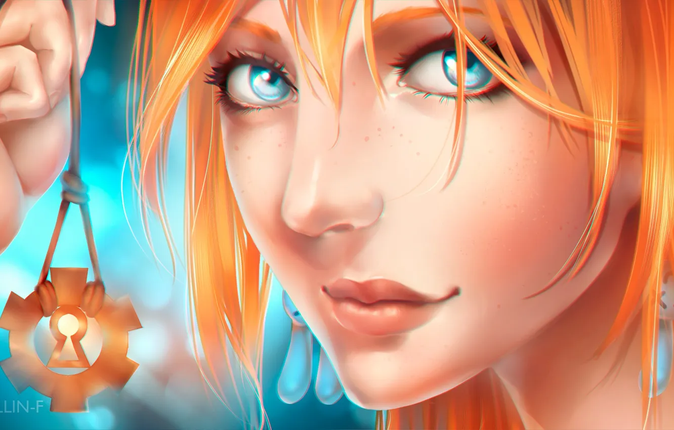 Photo wallpaper girl, face, art, pendant, red, crystalline-f