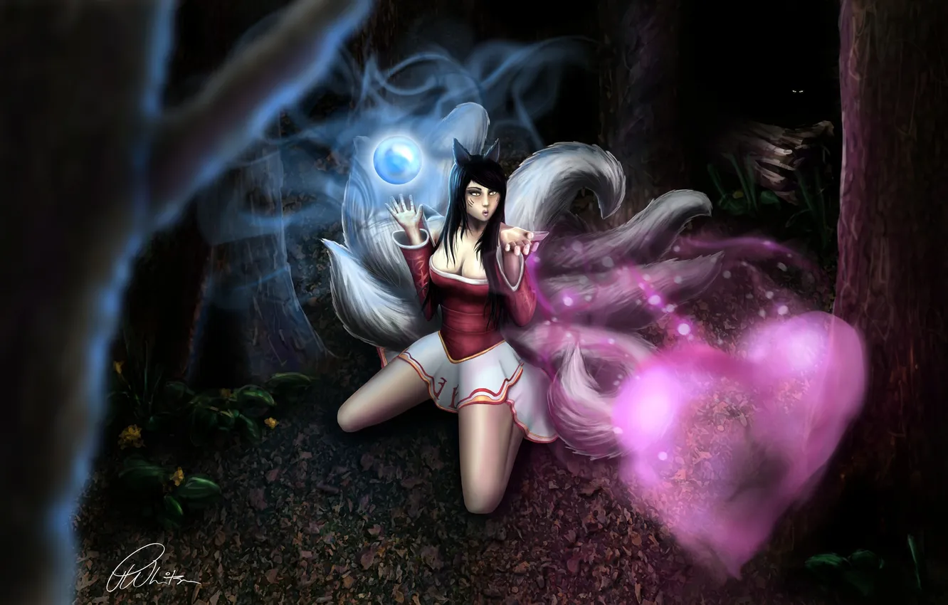 Photo wallpaper forest, chest, girl, darkness, magic, Fox, art, on my knees