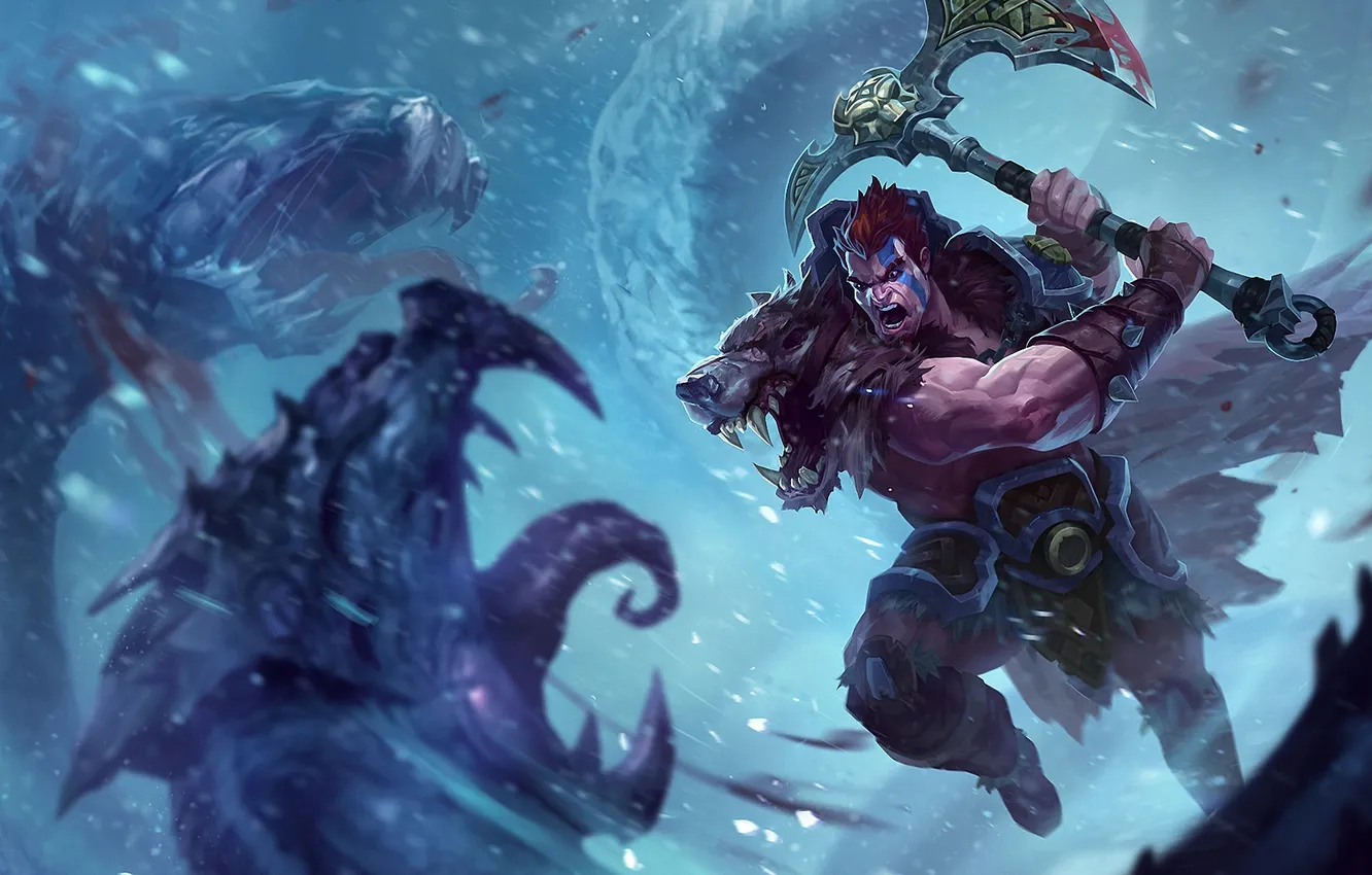 Photo wallpaper snow, weapons, blood, monster, head, art, guy, axe