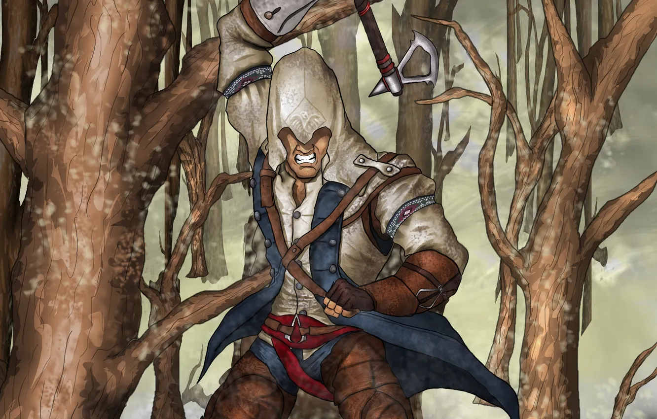 Photo wallpaper weapons, jump, Tomahawk, Tomahawk, Connor, assassins creed 3, Connor