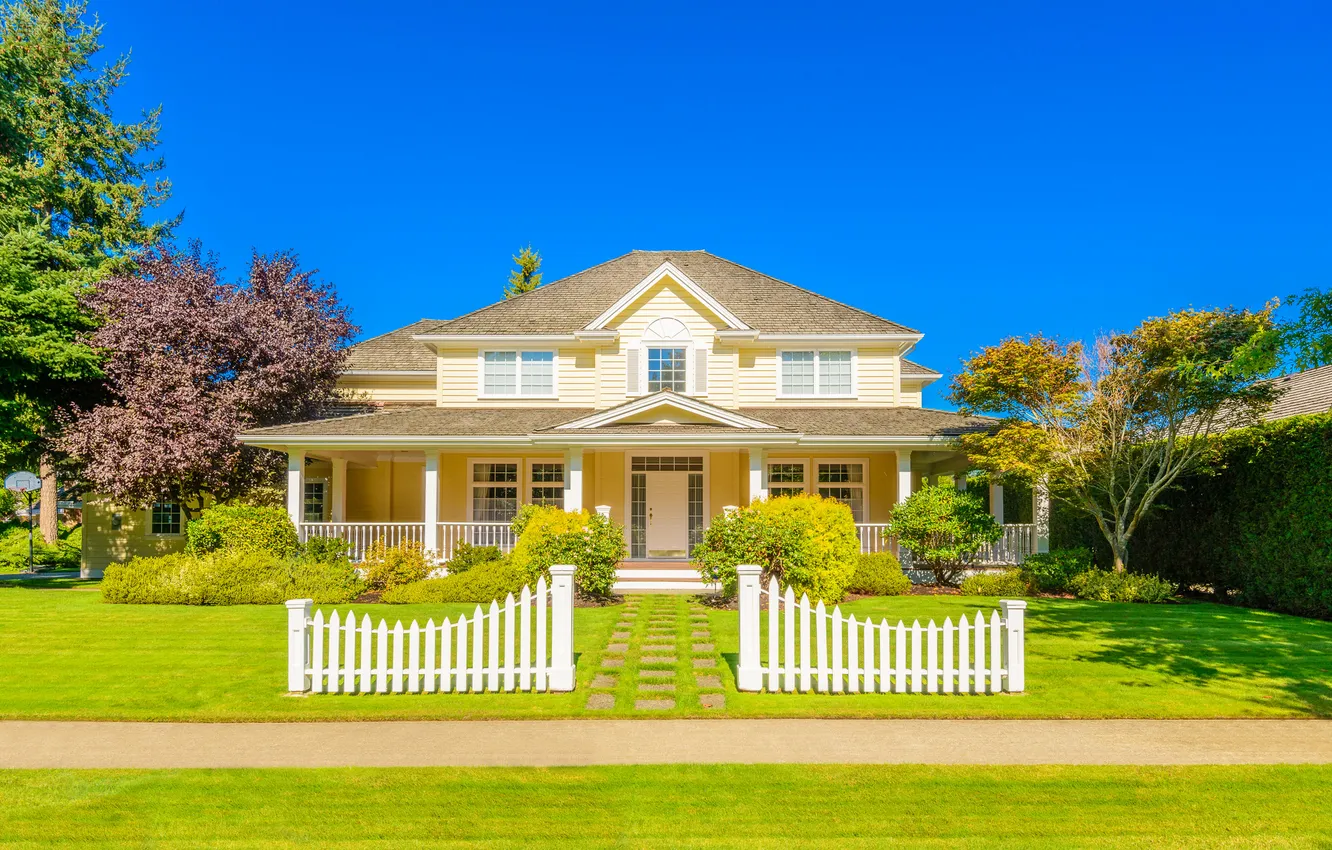Photo wallpaper greens, the sky, grass, the sun, trees, design, lawn, the fence