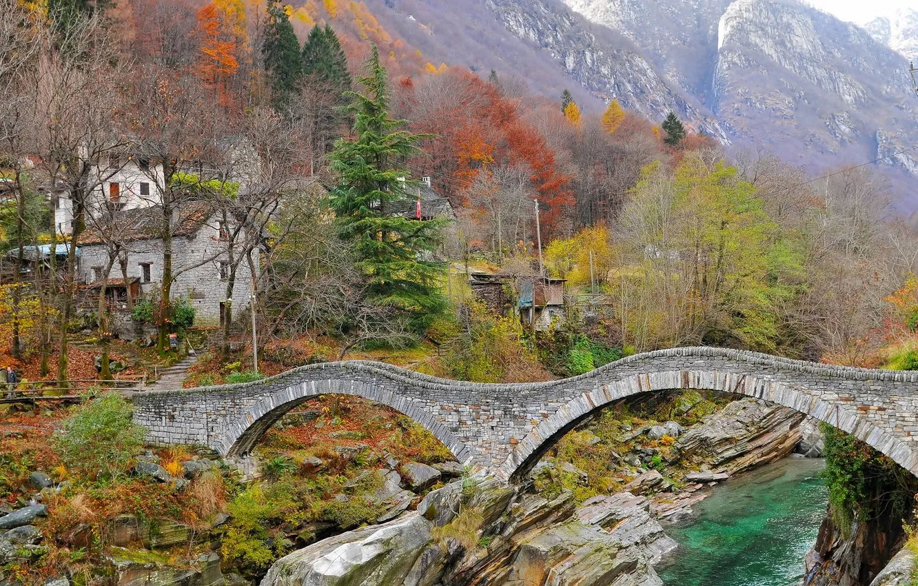 Photo wallpaper autumn, trees, mountains, bridge, house, river, stones, rocks