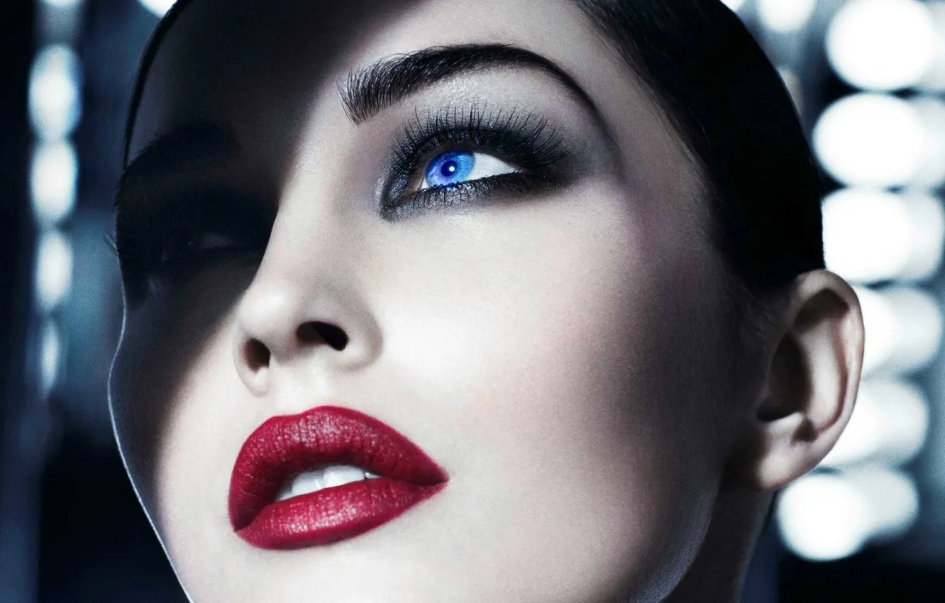 Photo wallpaper girl, face, Megan Fox, blue eyes, red lips
