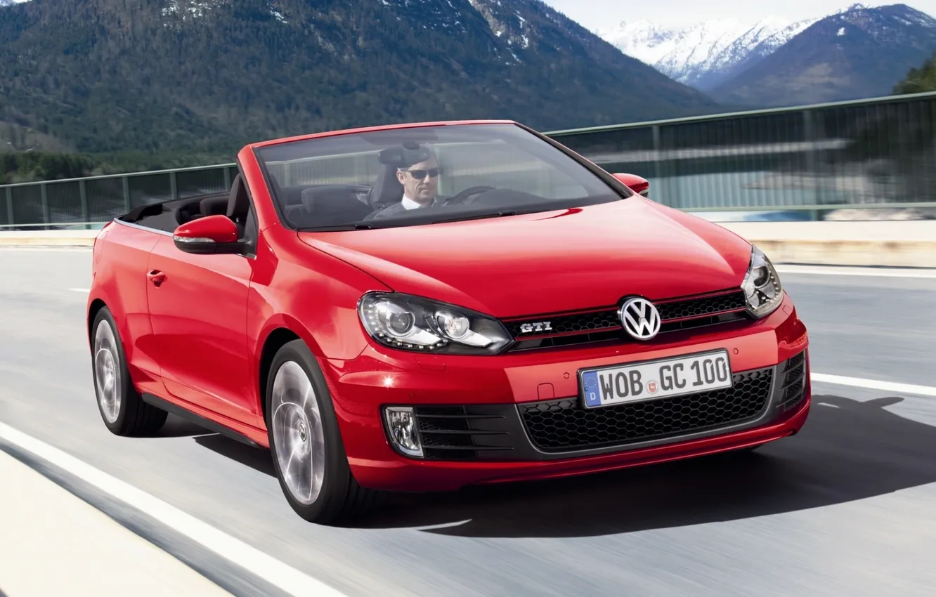 Photo wallpaper mountains, red, Volkswagen, convertible, Golf, golf, the front, GTI