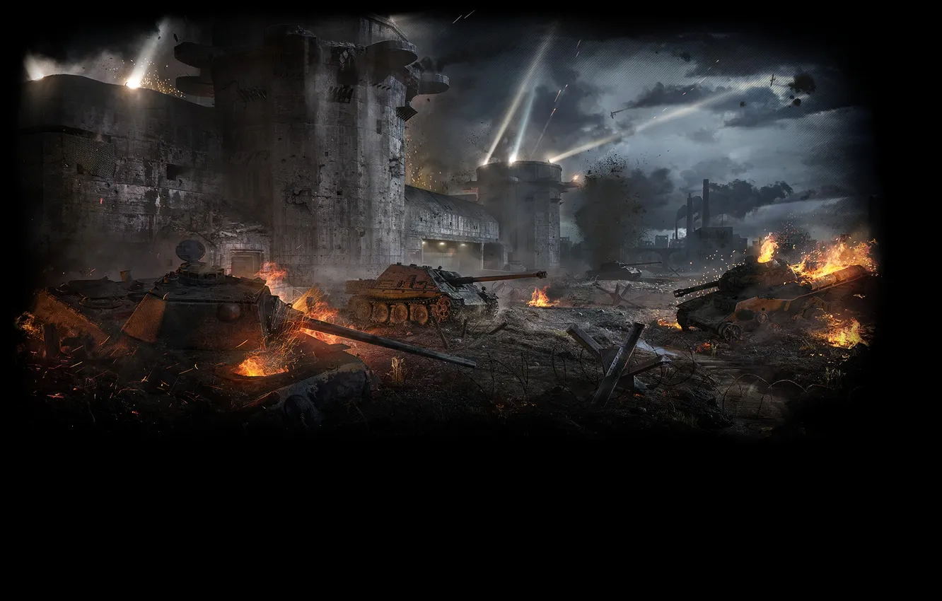 Photo wallpaper the sky, the wreckage, clouds, light, lights, flame, smoke, construction