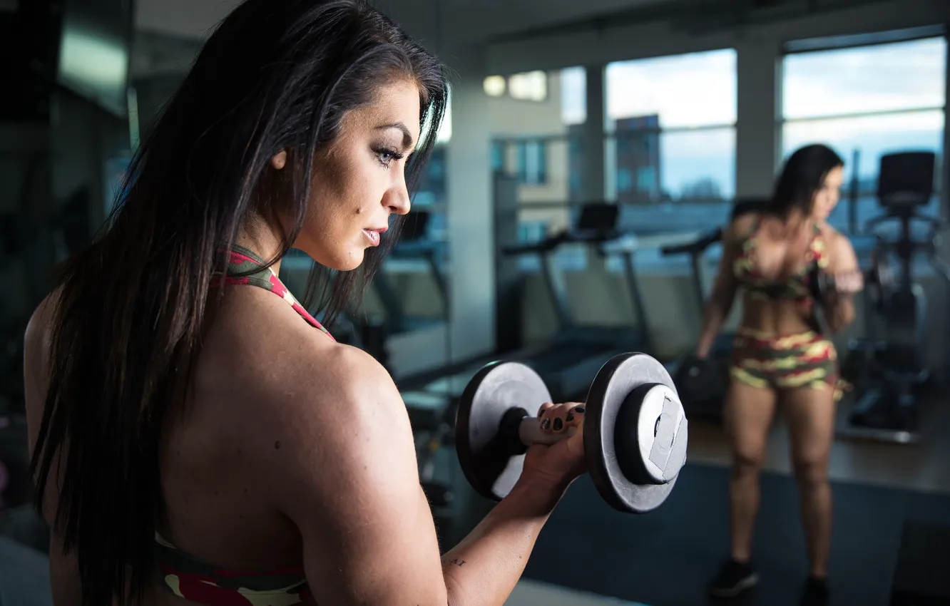 Photo wallpaper brunette, bodybuilder, miror, bodybuiding