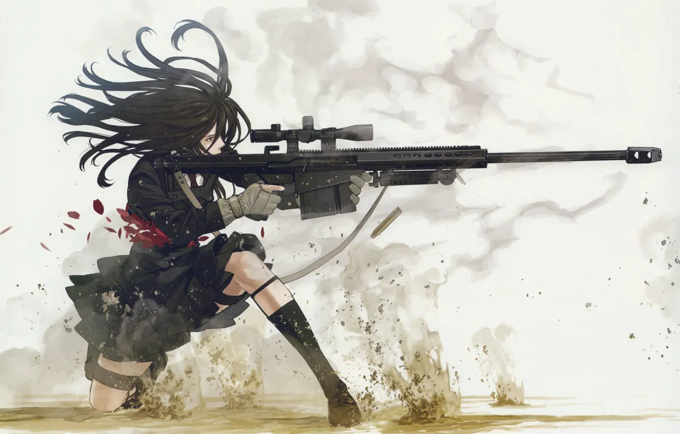 Photo wallpaper shot, machine, schoolgirl, injured, sleeve, sniper rifle, slaughter, by Yuusuke Kozaki