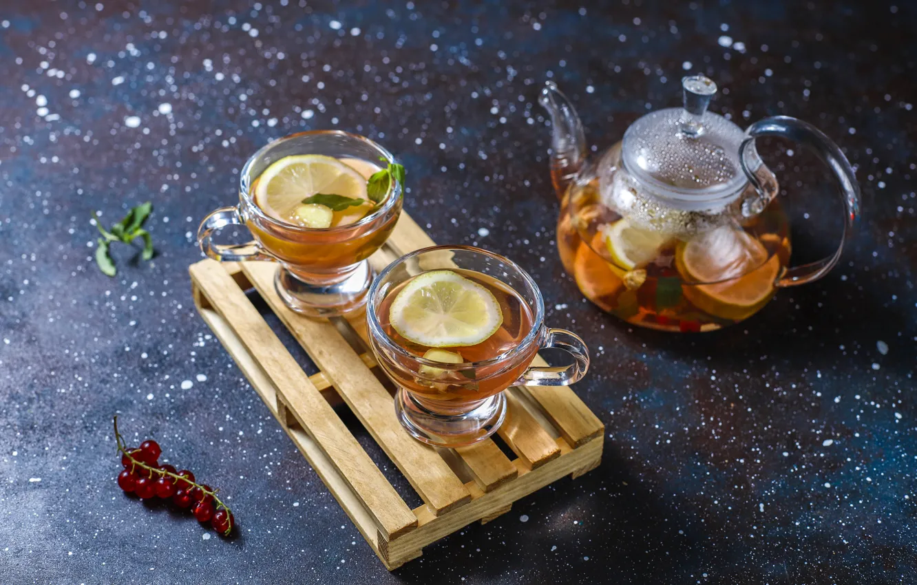 Photo wallpaper glass, red, berries, table, lemon, tea, the tea party, Cup