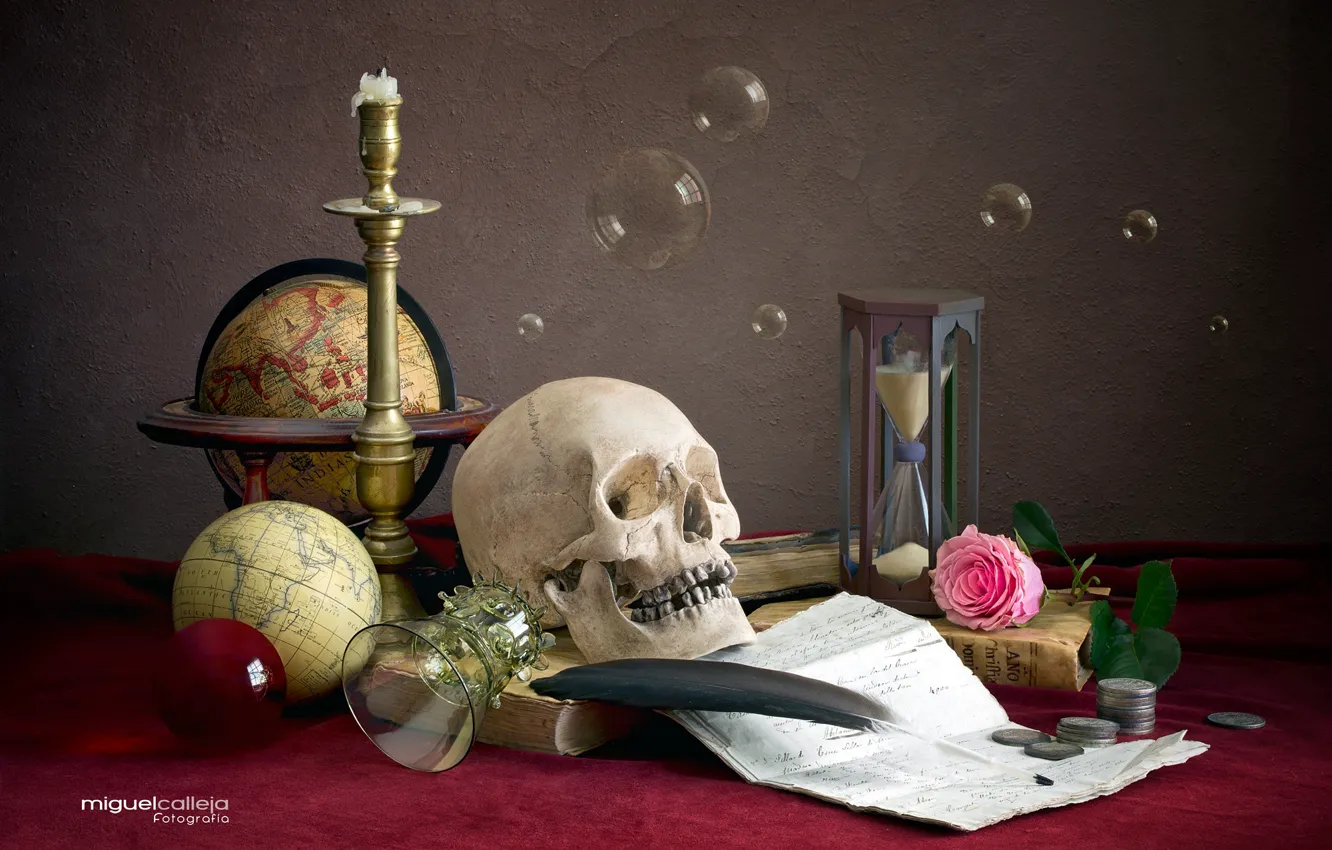 Photo wallpaper bubbles, pen, glass, rose, skull, coins, globe, hourglass