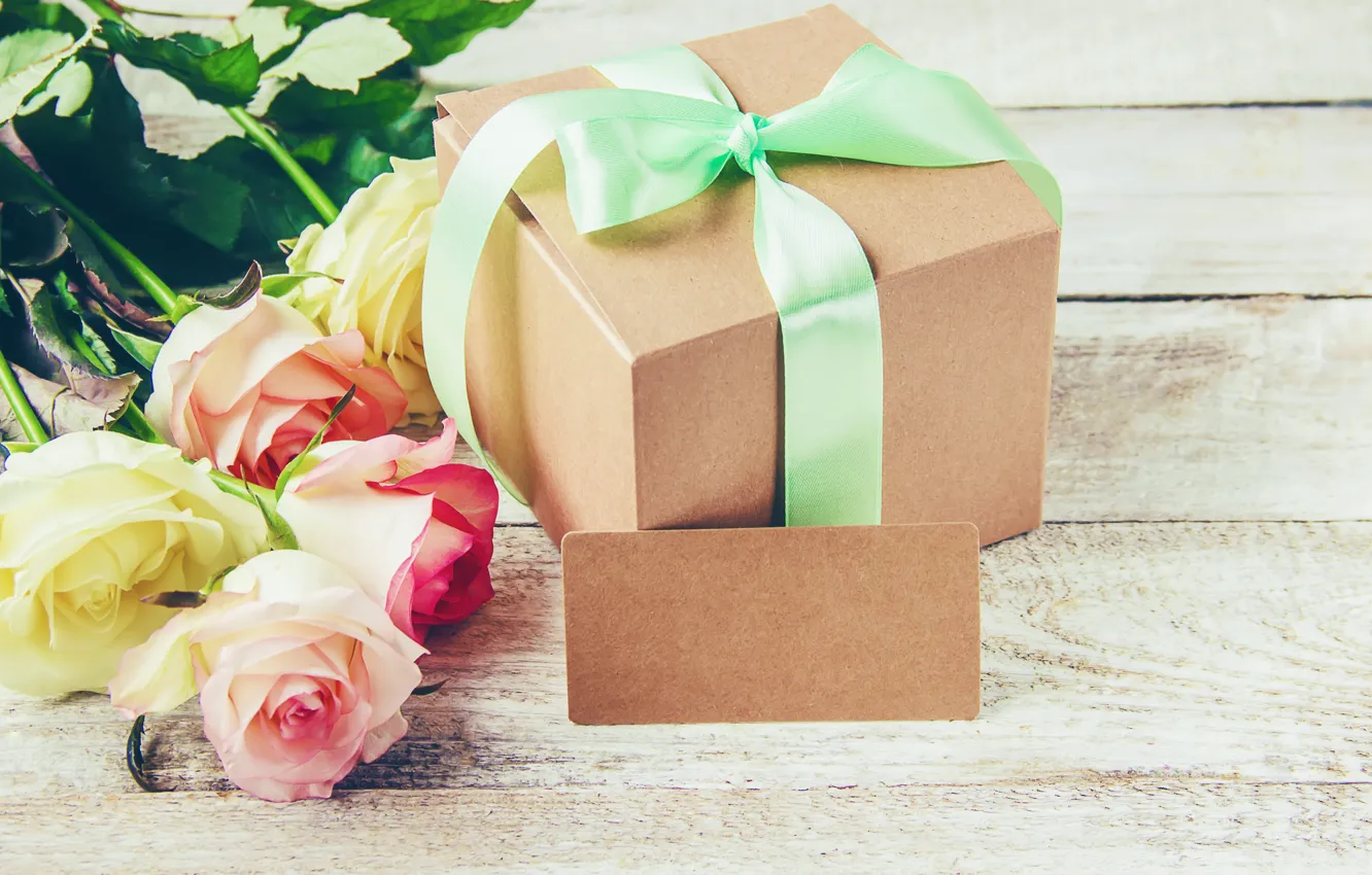 Photo wallpaper birthday, flowers, tape, gift, roses, bow