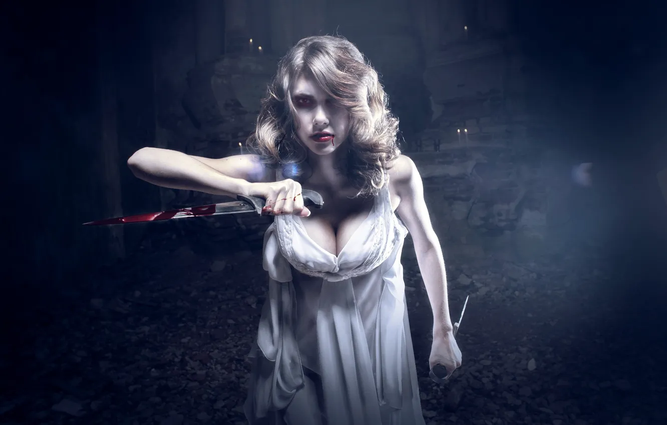 Photo wallpaper girl, blood, knife