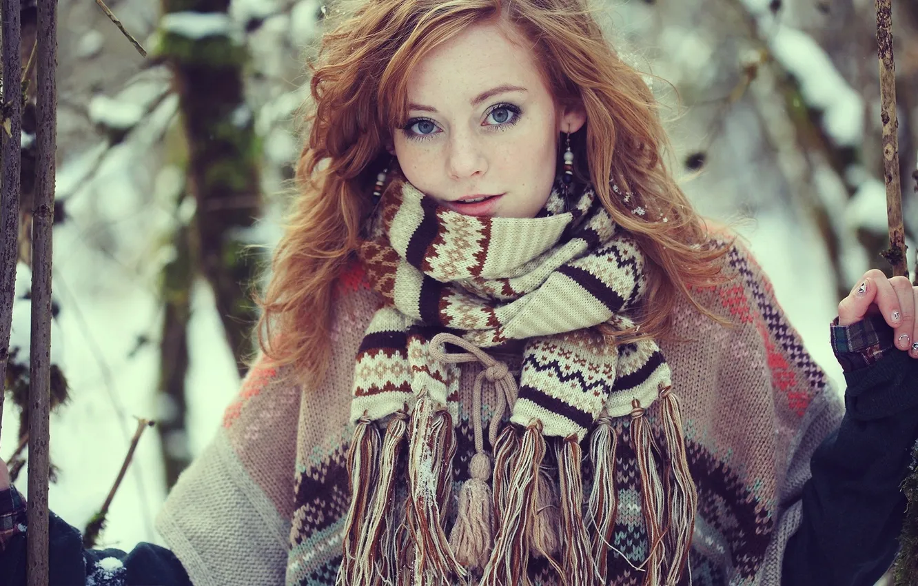 Photo wallpaper winter, girl, scarf, blue-eyed, beefy