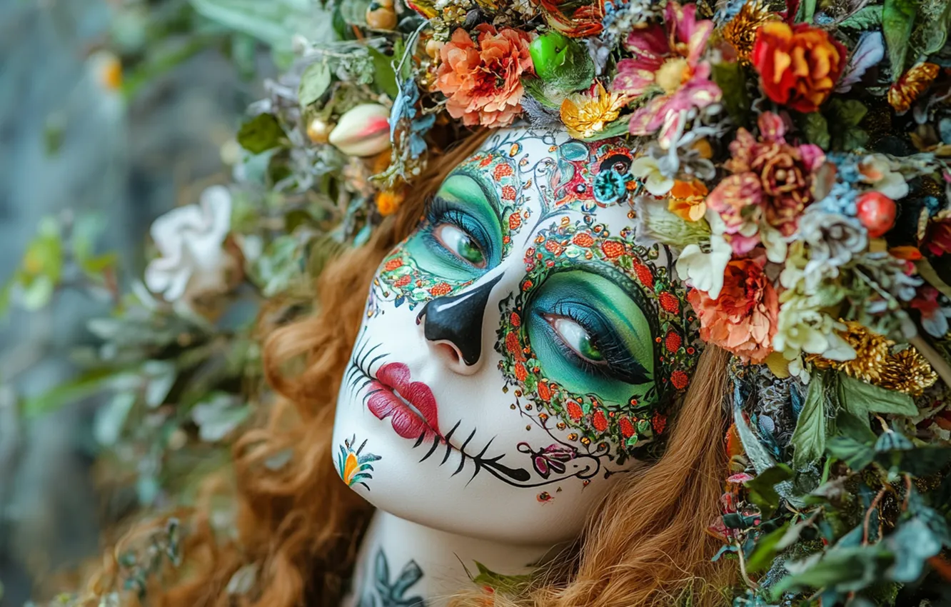 Photo wallpaper Body painting, neural network, flowers, wreath, AI art, makeup, makeup, girl