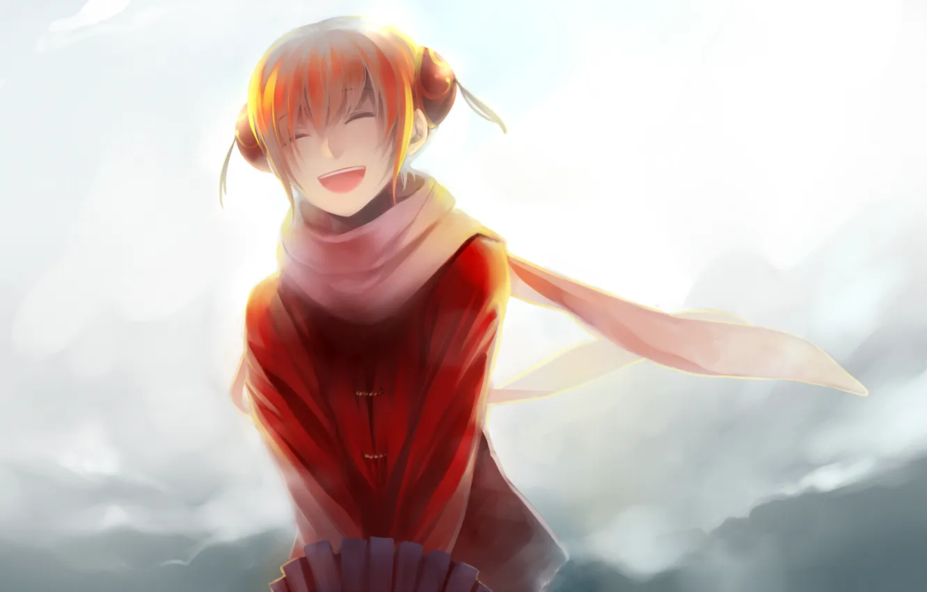 Photo wallpaper girl, smile, laughter, umbrella, scarf, Gintama, Kagura