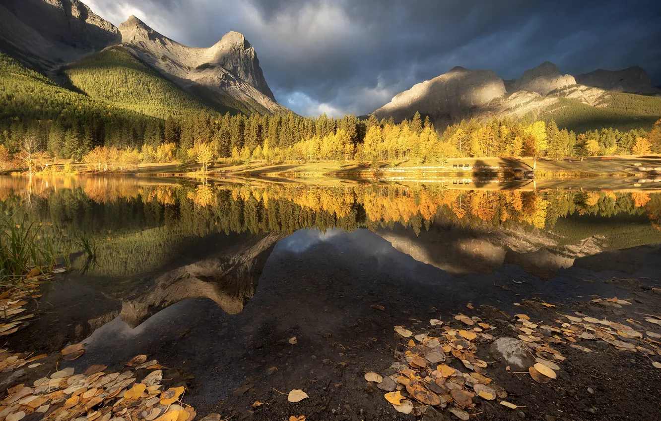 Photo wallpaper autumn, the sky, light, mountains, clouds, lake, reflection, rocks
