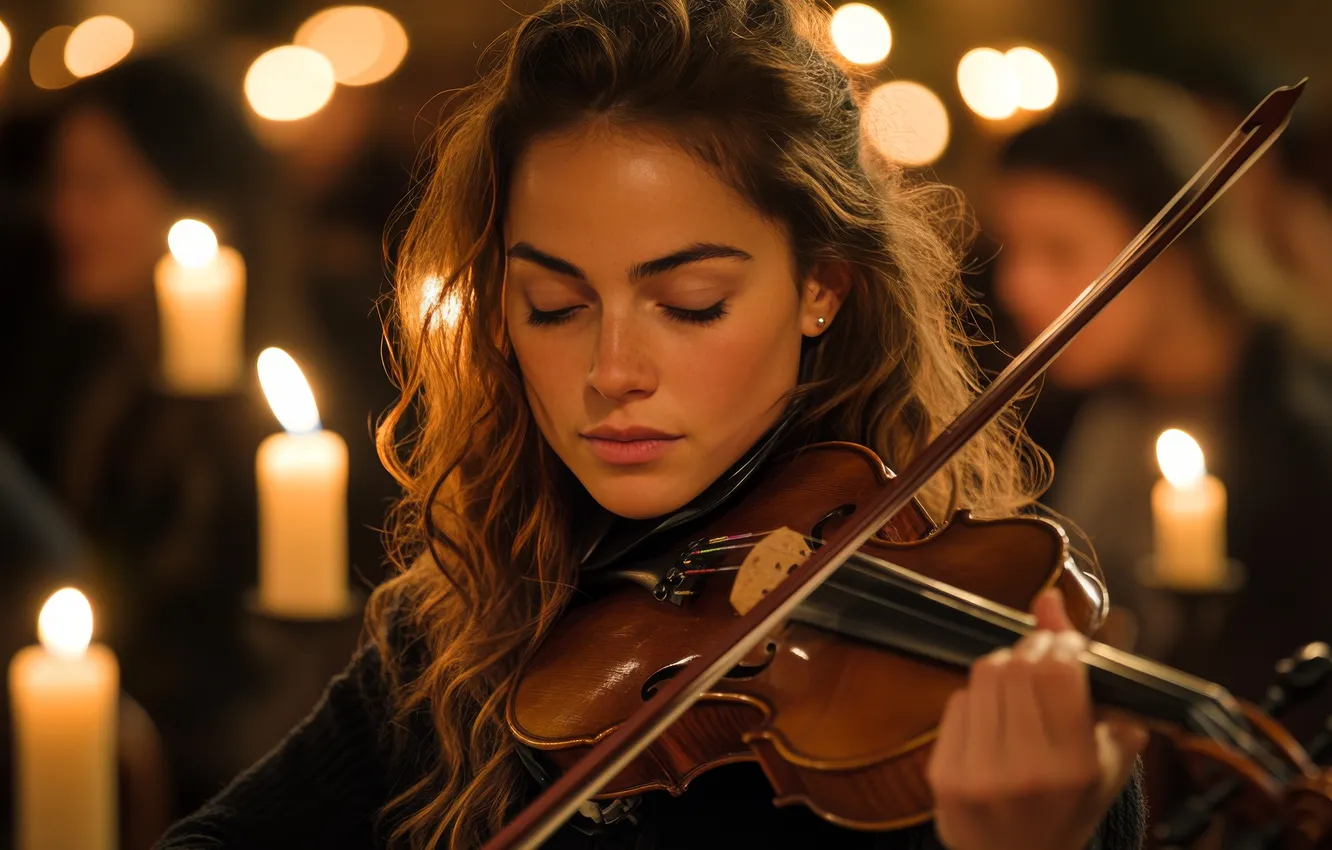 Photo wallpaper girl, light, face, lights, music, violin, the game, people