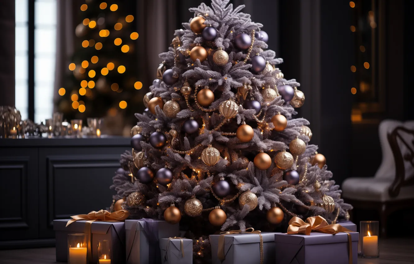 Photo wallpaper decoration, room, tree, new year, interior, Christmas, Christmas, tree