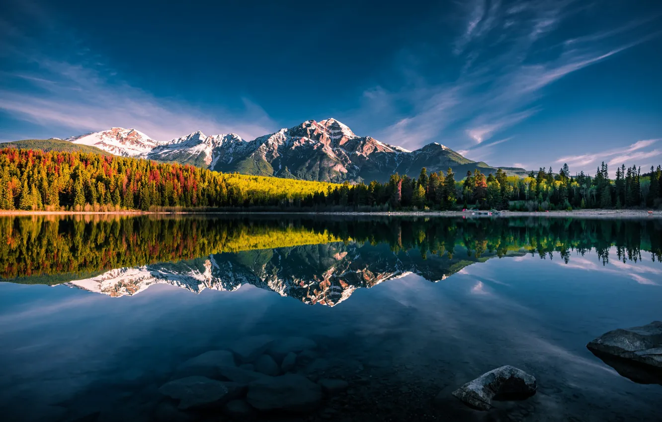 Photo wallpaper autumn, forest, clouds, light, snow, mountains, lake, reflection