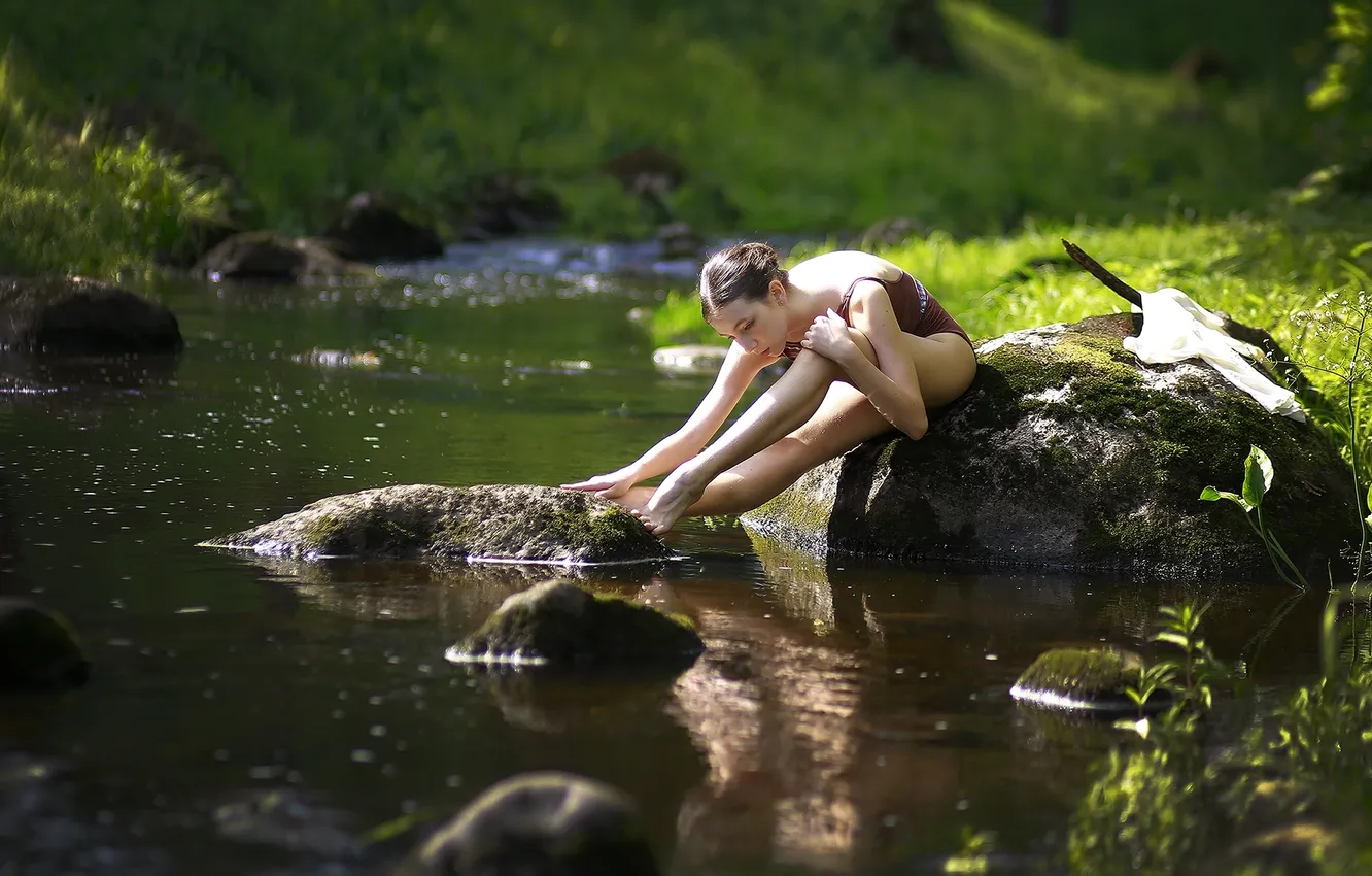 Photo wallpaper greens, swimsuit, nature, pose, stones, body, river, Model Diana