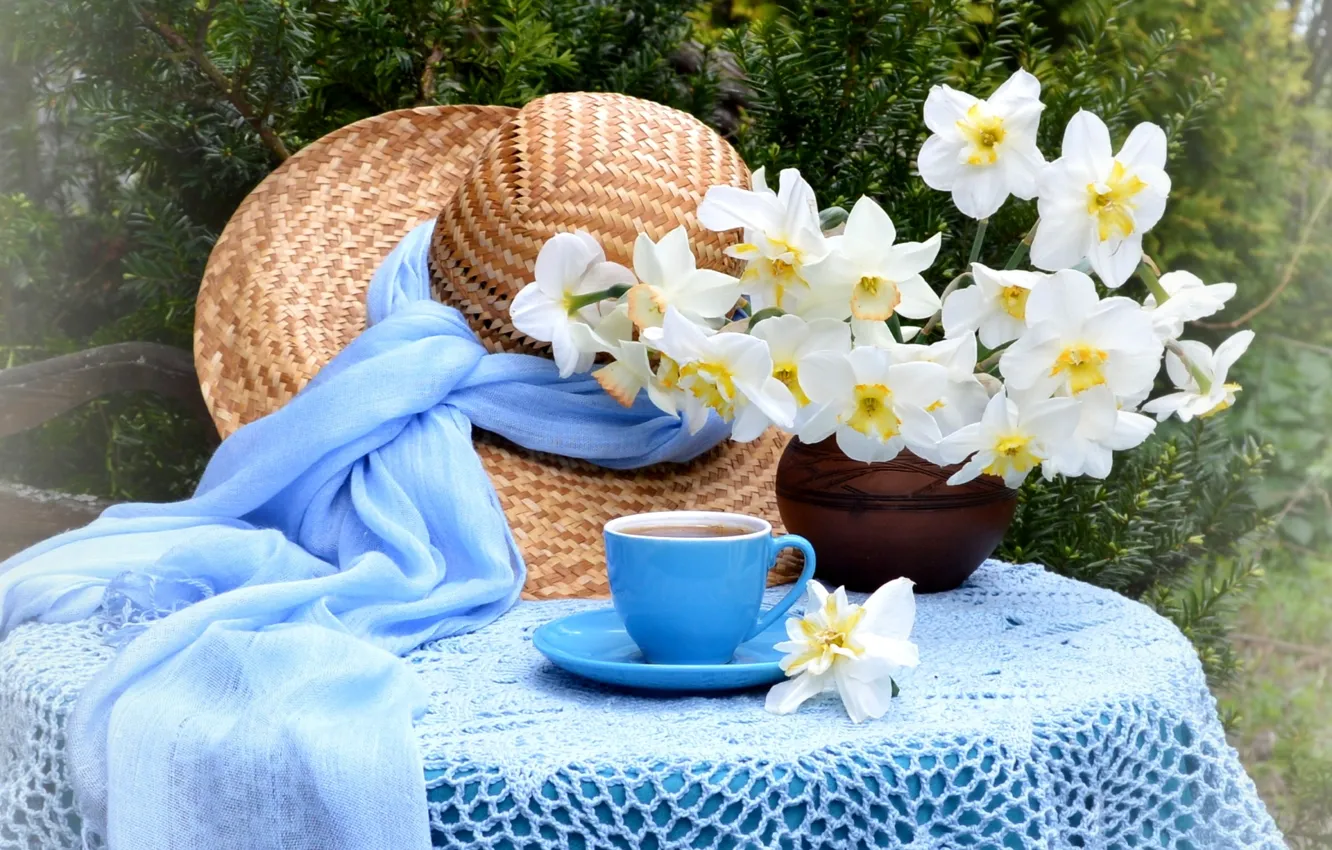 Photo wallpaper tea, hat, veil, daffodils
