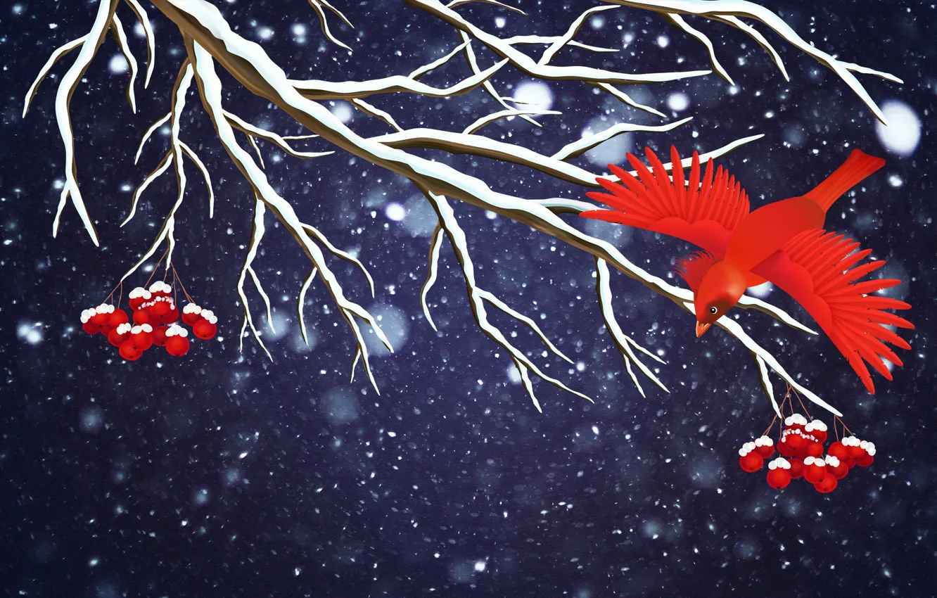 Photo wallpaper Winter, Minimalism, Bird, Snow, Branch, Snowflakes, Background, Rowan