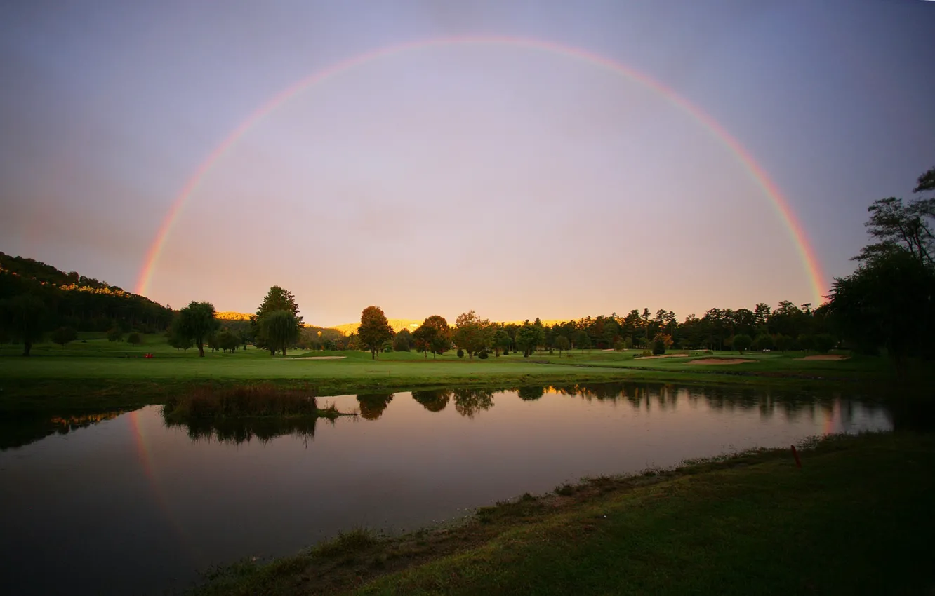 Photo wallpaper lake, rainbow, meadow