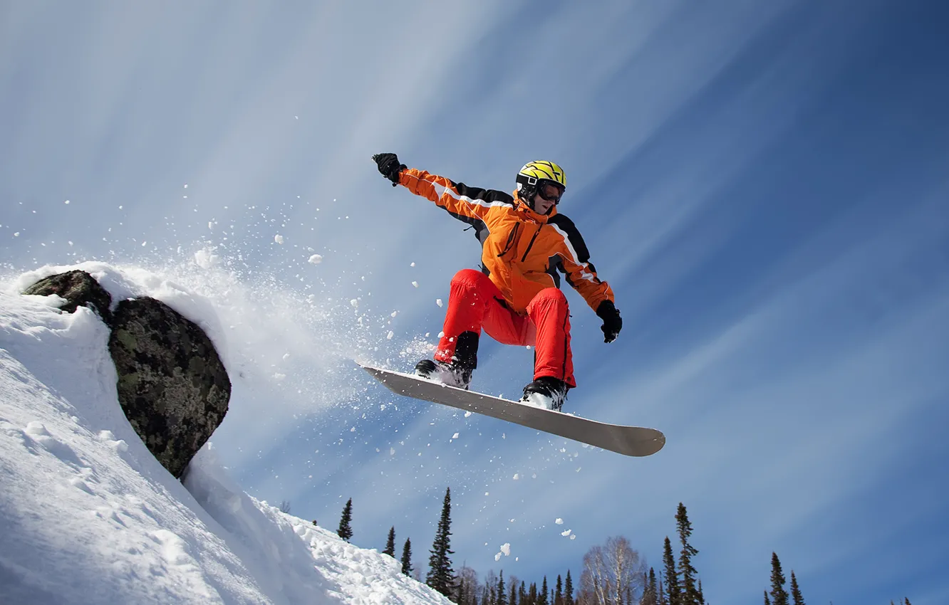 Photo wallpaper snow, mountains, snowboard, sport