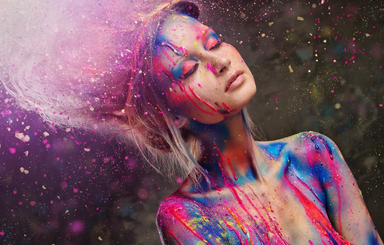 Photo wallpaper eyelashes, style, paint, model, hair, hands, shoulders, closed eyes