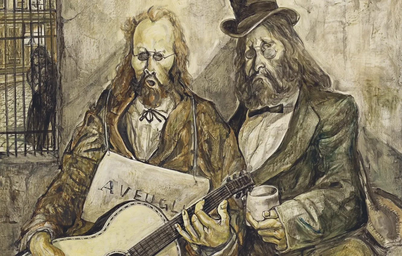 Photo wallpaper plate, guitar, cylinder, 1955, blind, Tsuguharu Foujita, street performer