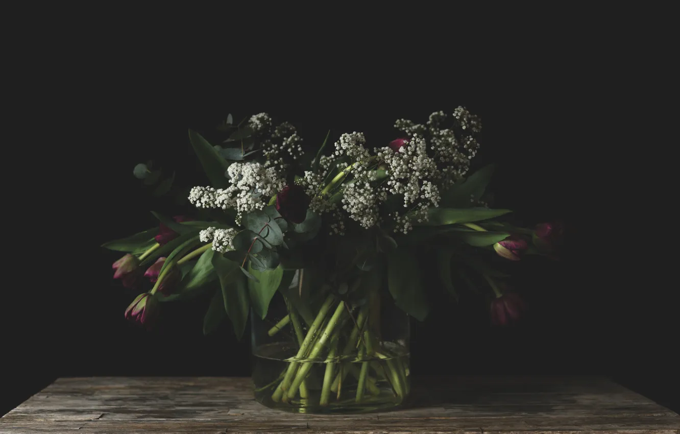 Photo wallpaper flowers, the dark background, bouquet, Bank, tulips, white, Burgundy