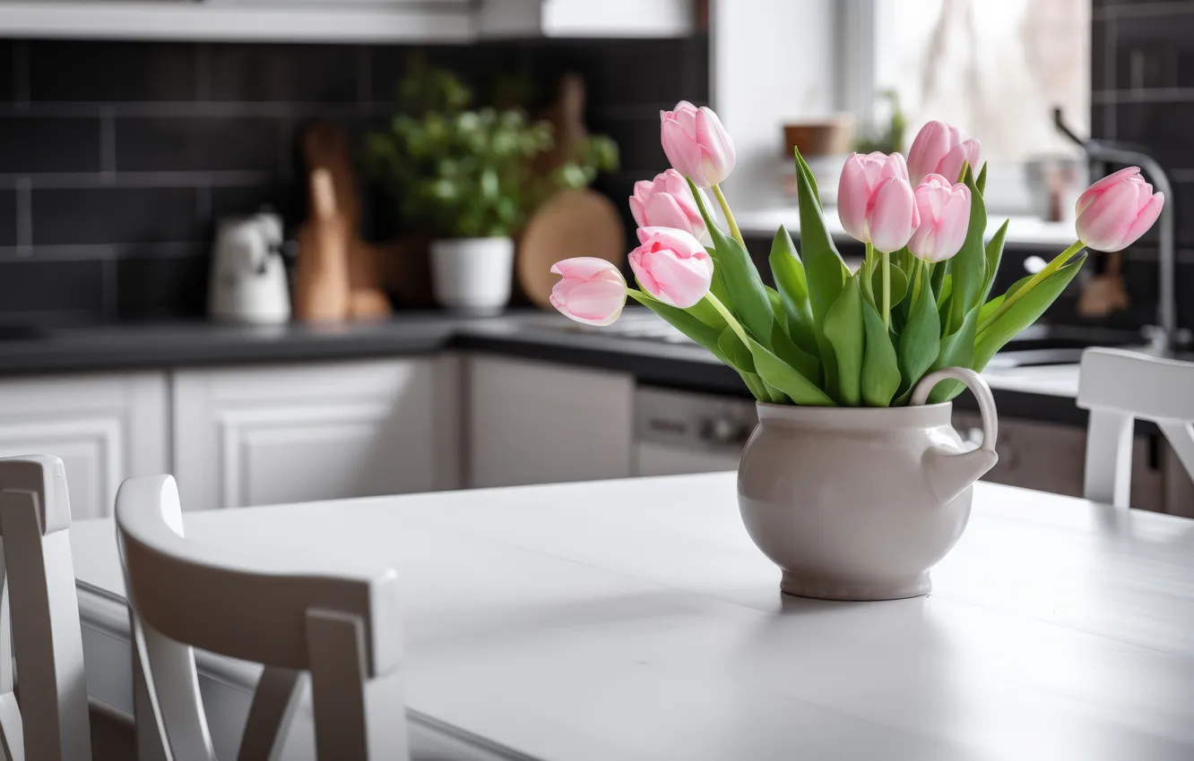 Photo wallpaper flowers, table, interior, bouquet, spring, chair, kitchen, tulips