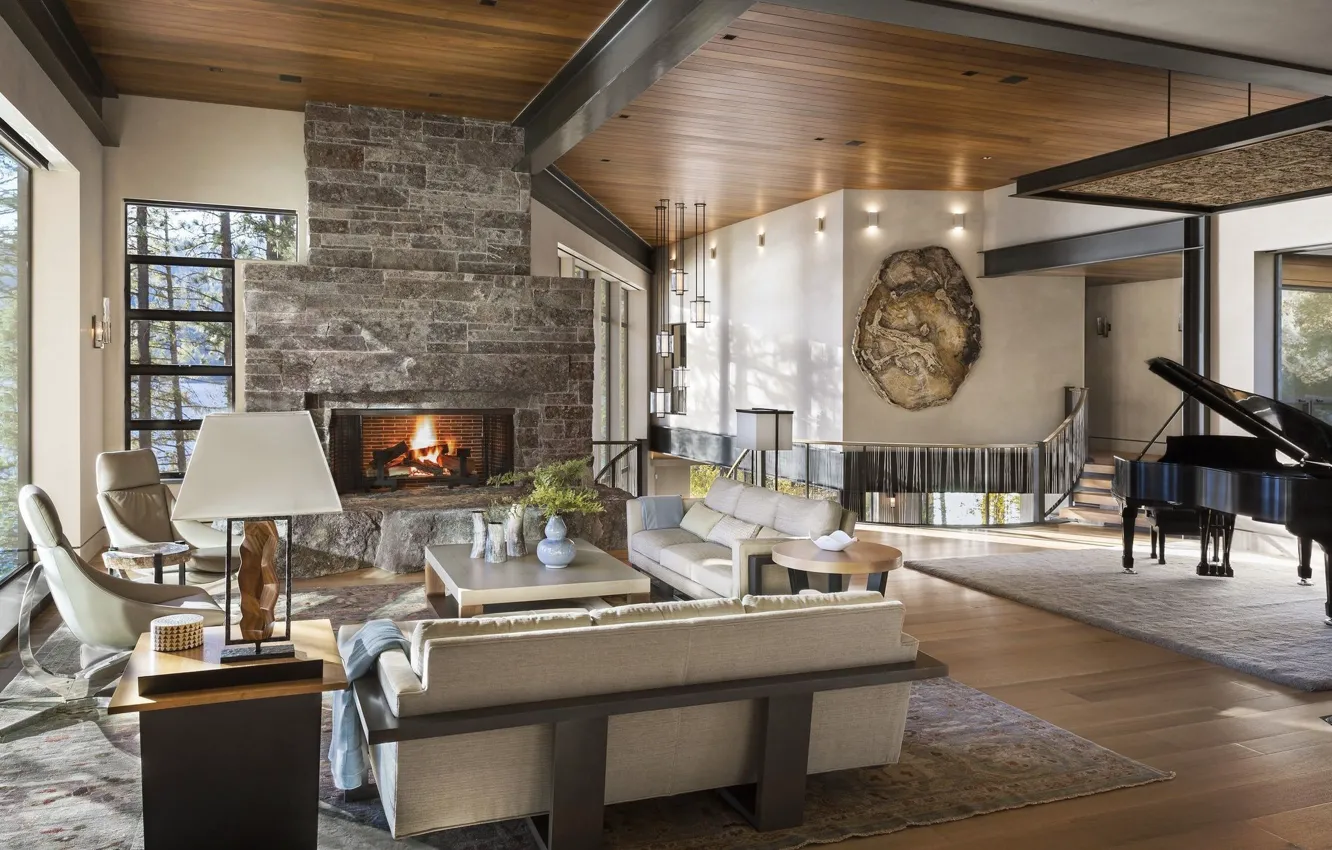 Photo wallpaper Villa, interior, piano, oven, living room