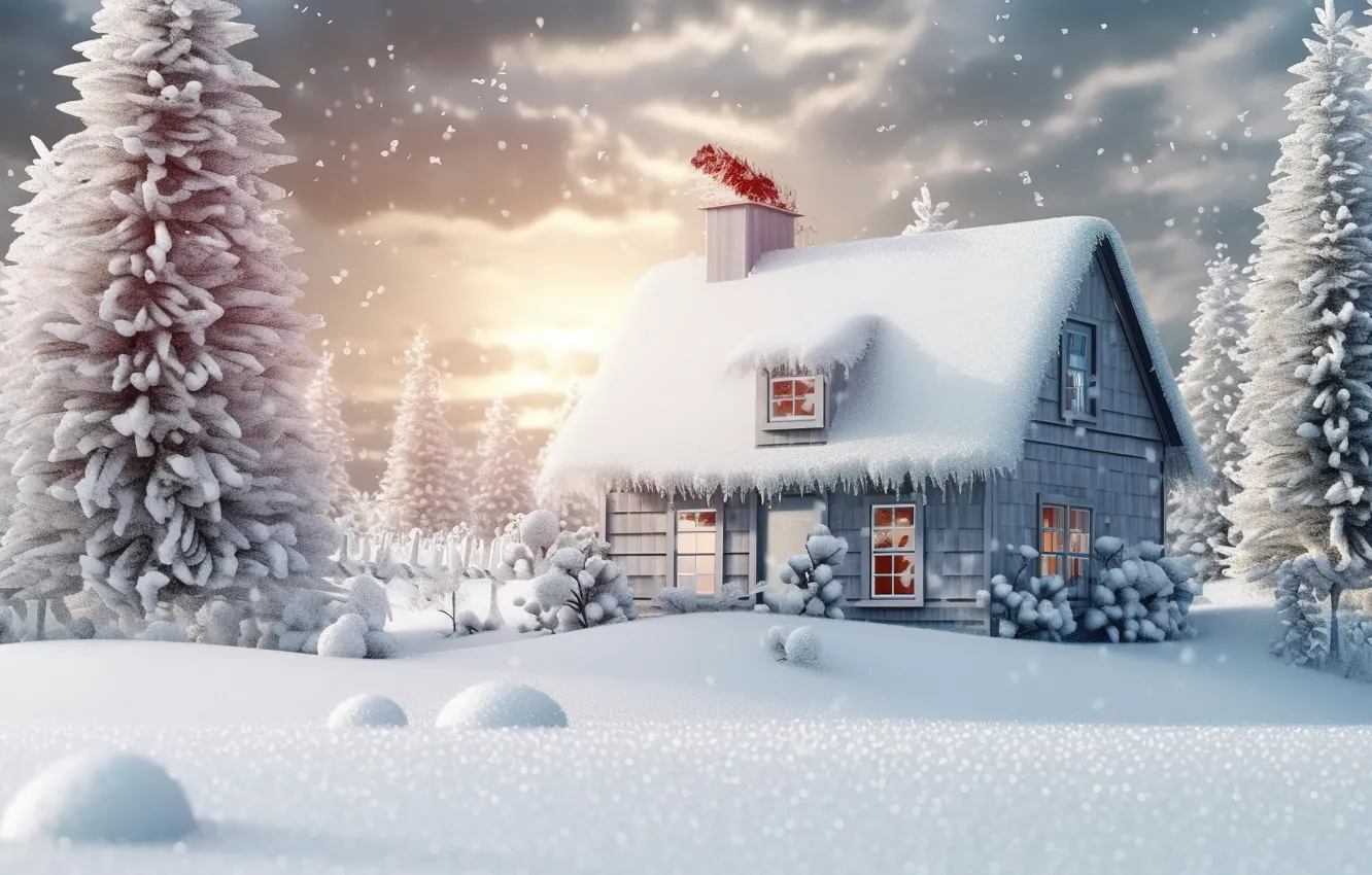 Photo wallpaper winter, snow, lights, New Year, frost, Christmas, hut, rustic