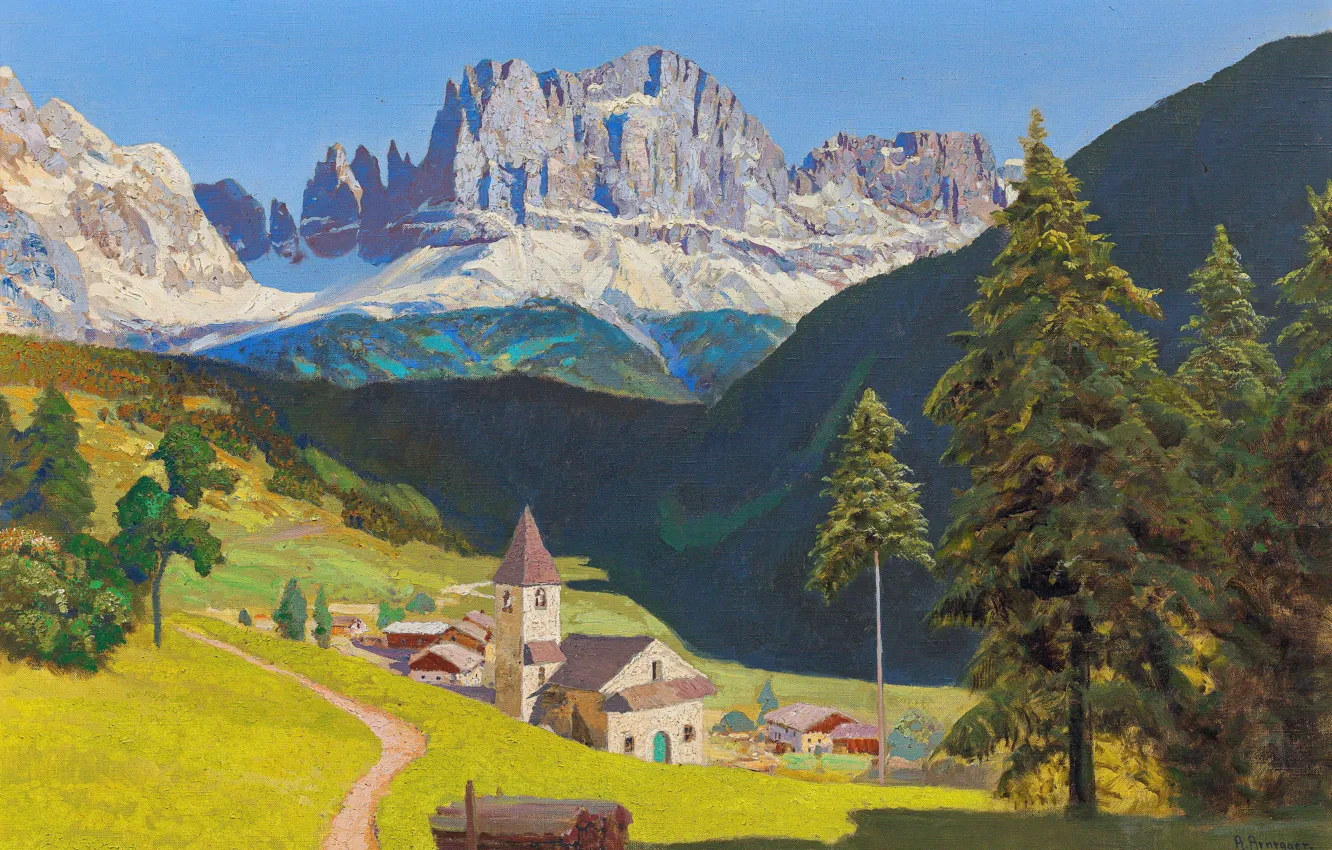 Photo wallpaper mountains, home, picture, Alois Arnegger, Austrian painter, Alois Arnegger, Bergen in spring, View of the …