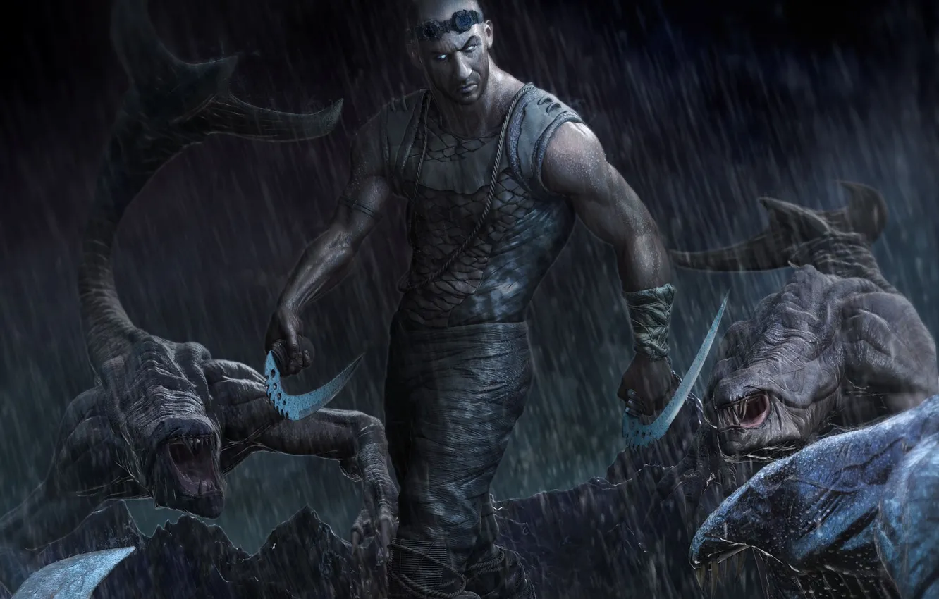 Photo wallpaper rain, art, monsters, male, Riddick