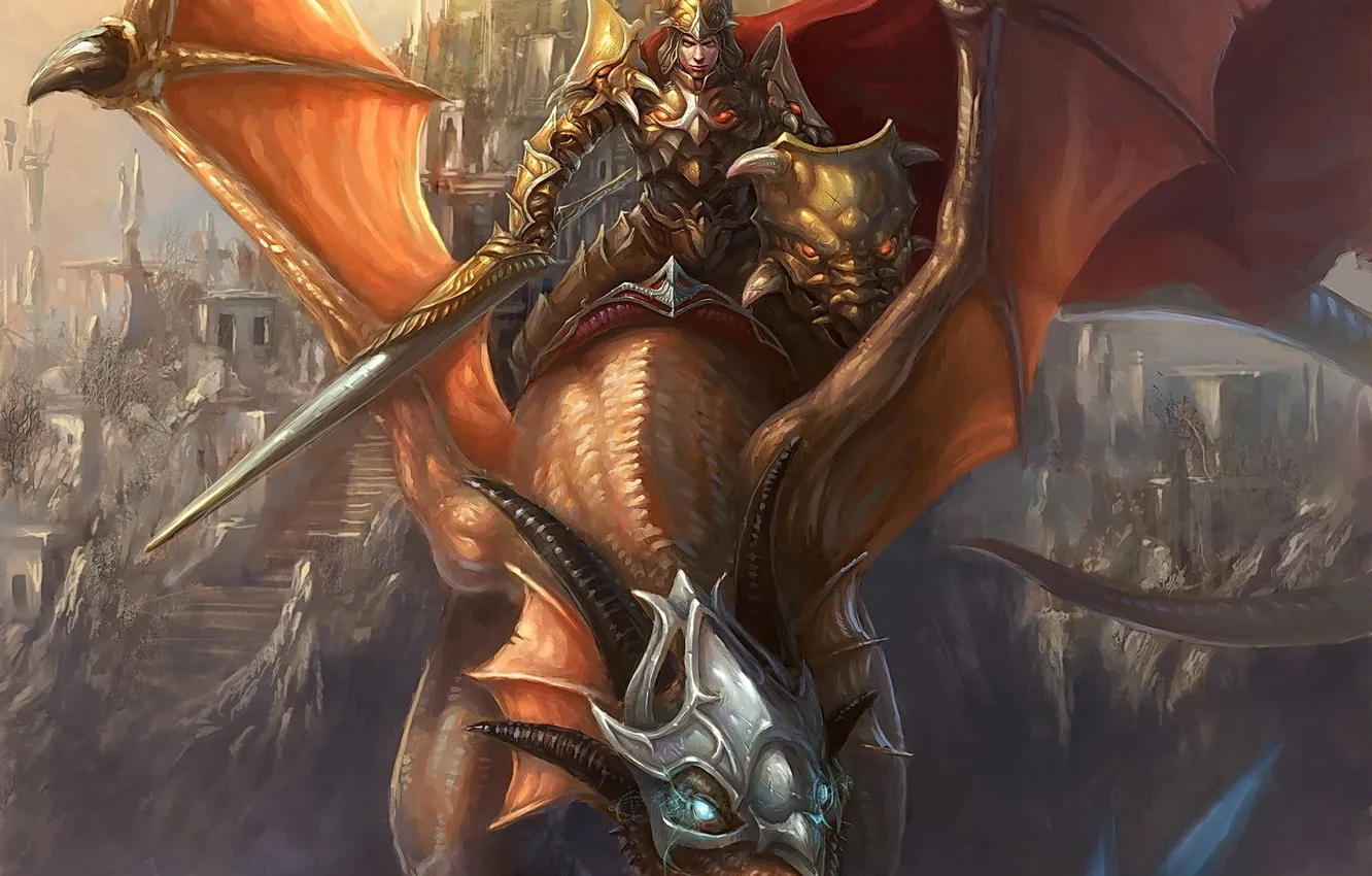 Photo wallpaper magic, dragon, sword, warrior, rider