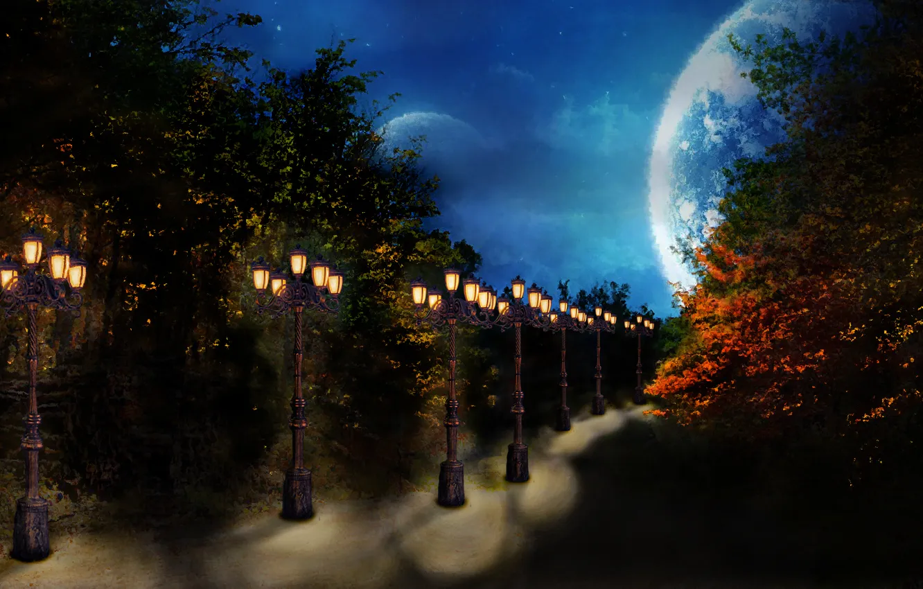 Photo wallpaper road, autumn, the sky, night, twilight, lights