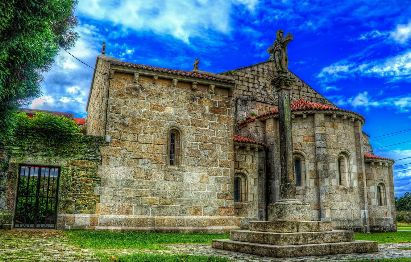 Photo wallpaper the sky, grass, clouds, tree, Spain, the monastery, wicket, San Salvador