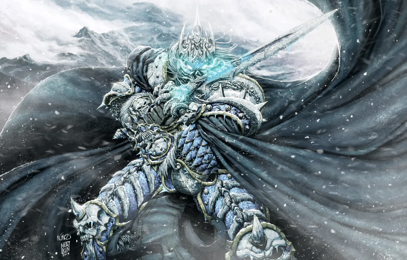 Photo wallpaper cold, winter, snow, sword, helmet, World of Warcraft, Lich King, cloak